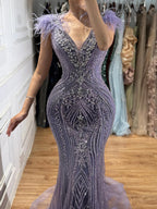 Luxury Purple Crystal Beaded Mermaid Dress with Feathers LA73098A