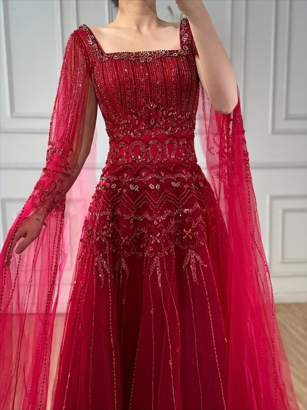 Arabic Luxury Beaded A-Line Square Green Cape Sleeves Evening Dress CLA73089A