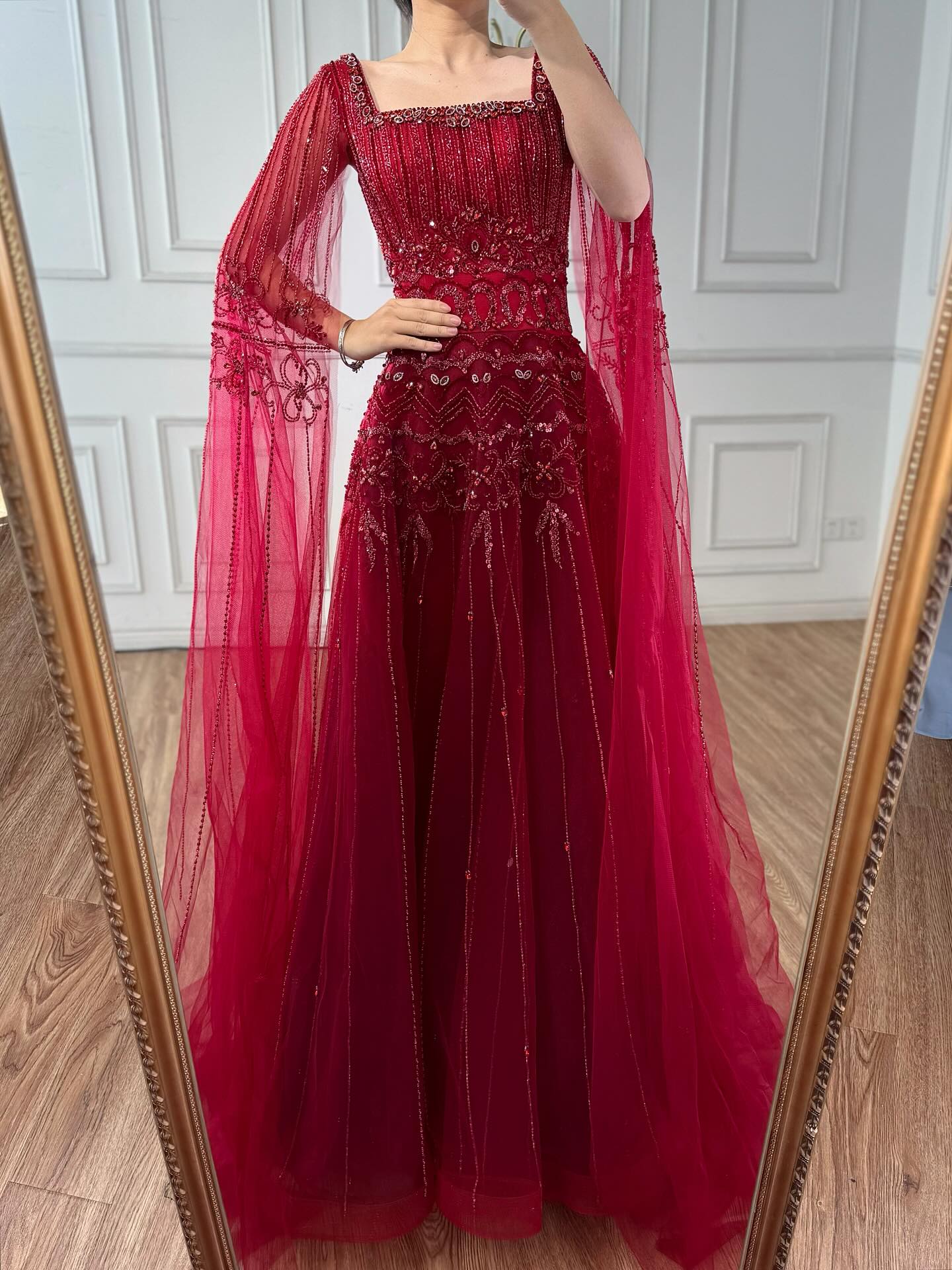 Arabic Luxury Beaded A-Line Square Green Cape Sleeves Evening Dress CLA73089A