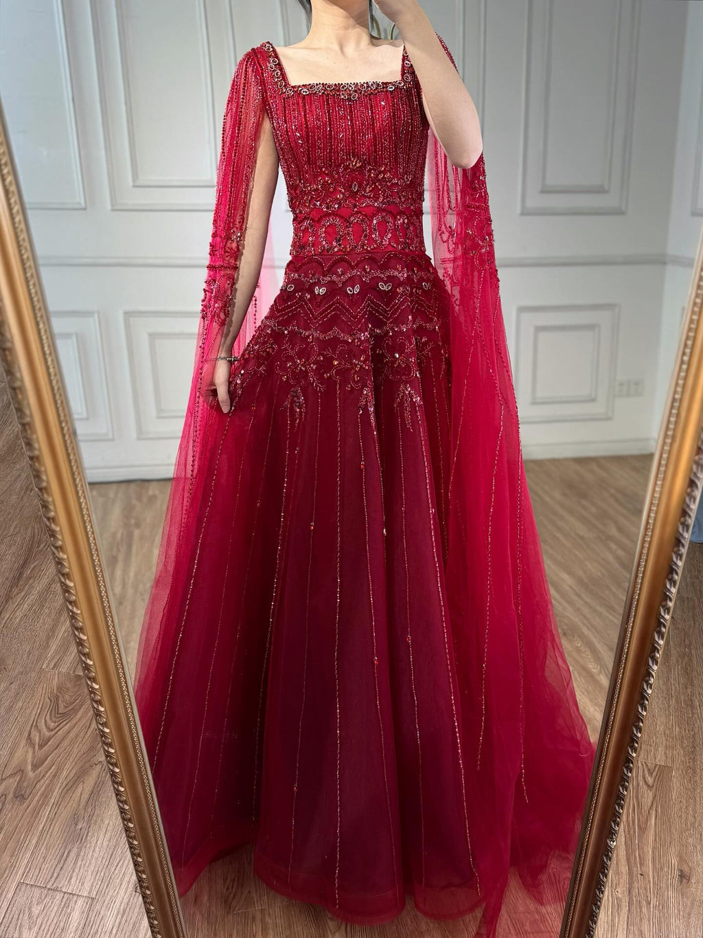 Arabic Luxury Beaded A-Line Square Green Cape Sleeves Evening Dress CLA73089A