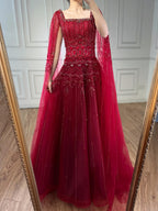 Arabic Luxury Beaded A-Line Square Green Cape Sleeves Evening Dress CLA73089A