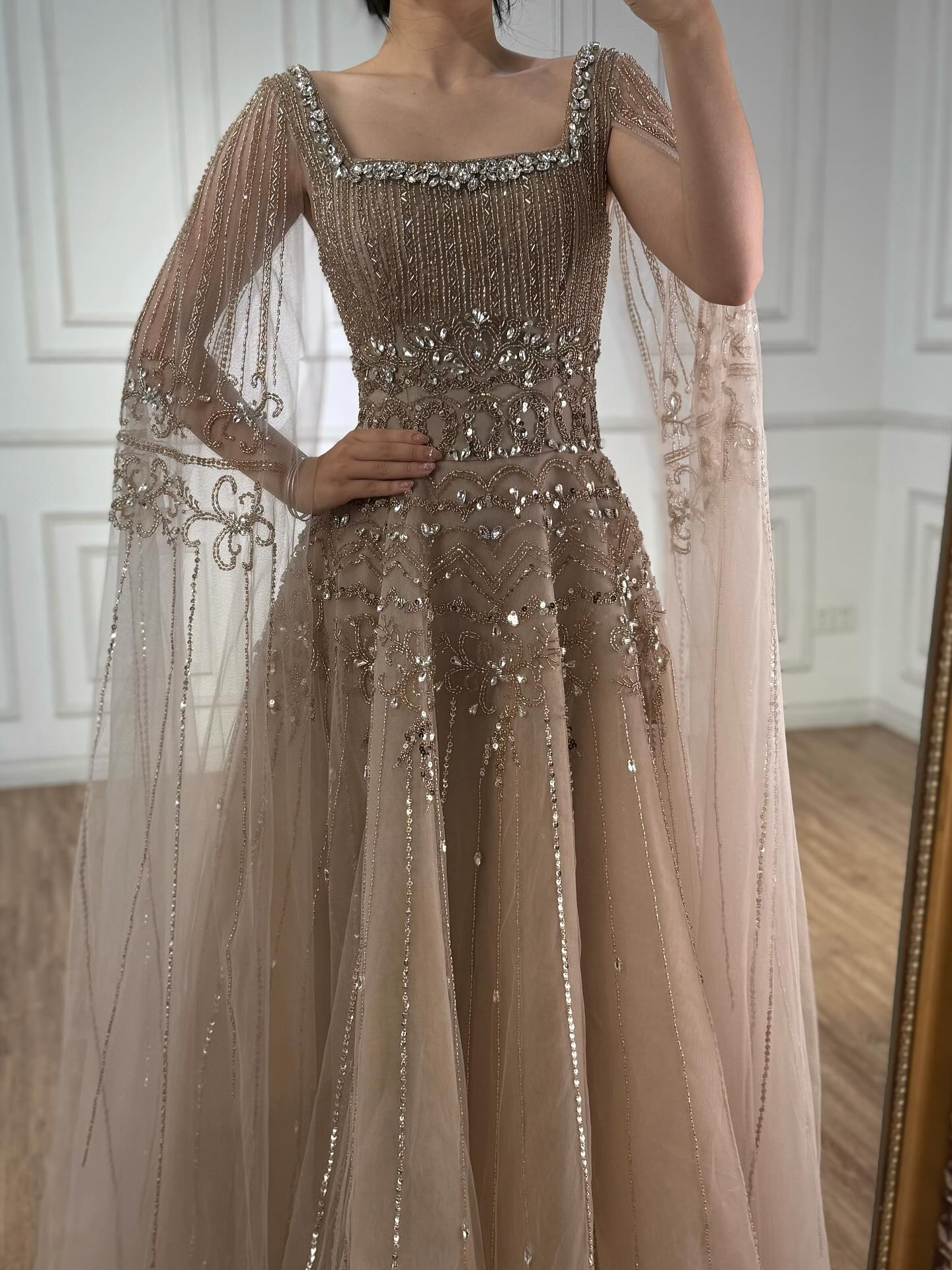 Arabic Luxury Beaded A-Line Square Green Cape Sleeves Evening Dress CLA73089A