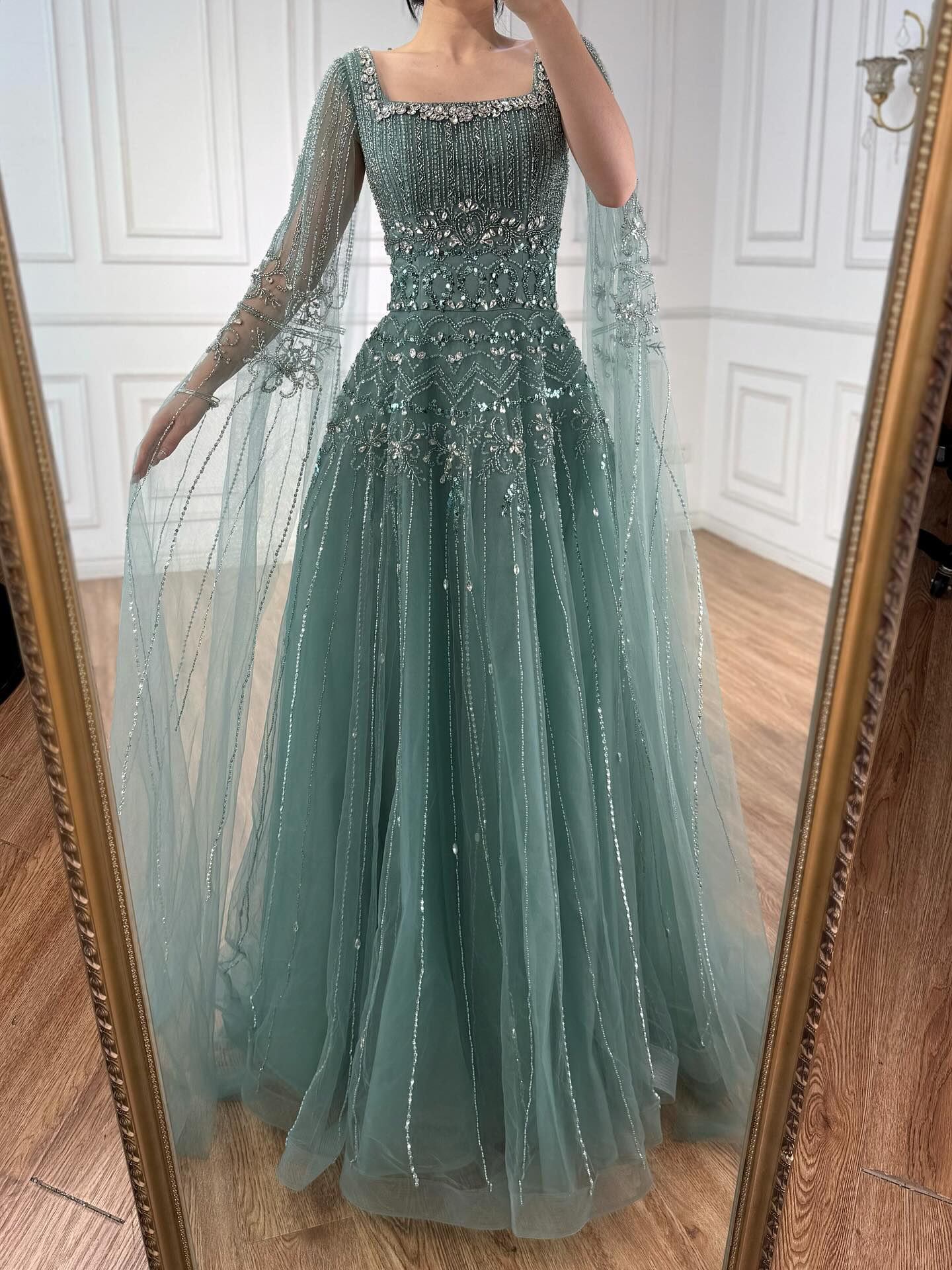 Arabic Luxury Beaded A-Line Square Green Cape Sleeves Evening Dress CLA73089A