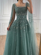 Arabic Luxury Beaded A-Line Square Green Cape Sleeves Evening Dress CLA73089A
