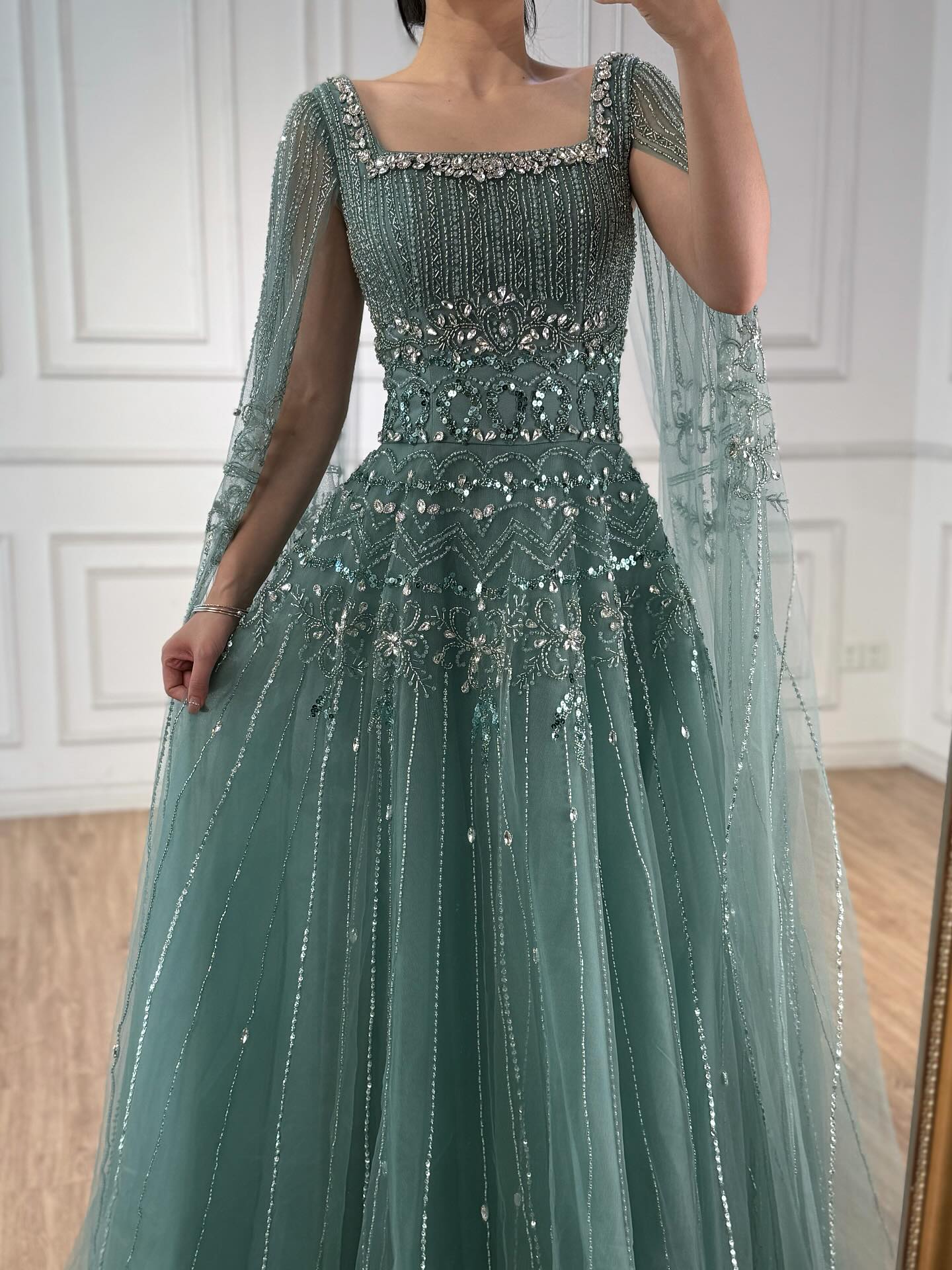 Arabic Luxury Beaded A-Line Square Green Cape Sleeves Evening Dress CLA73089A