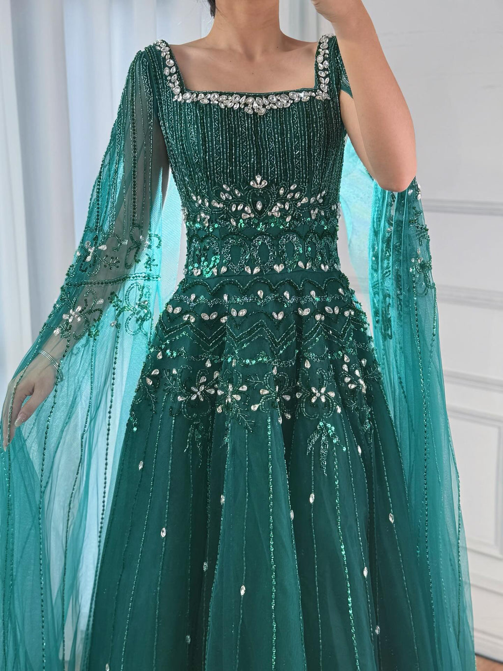 Arabic Luxury Beaded A-Line Square Green Cape Sleeves Evening Dress CLA73089A
