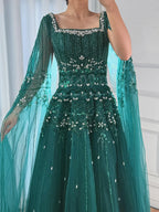 Arabic Luxury Beaded A-Line Square Green Cape Sleeves Evening Dress CLA73089A