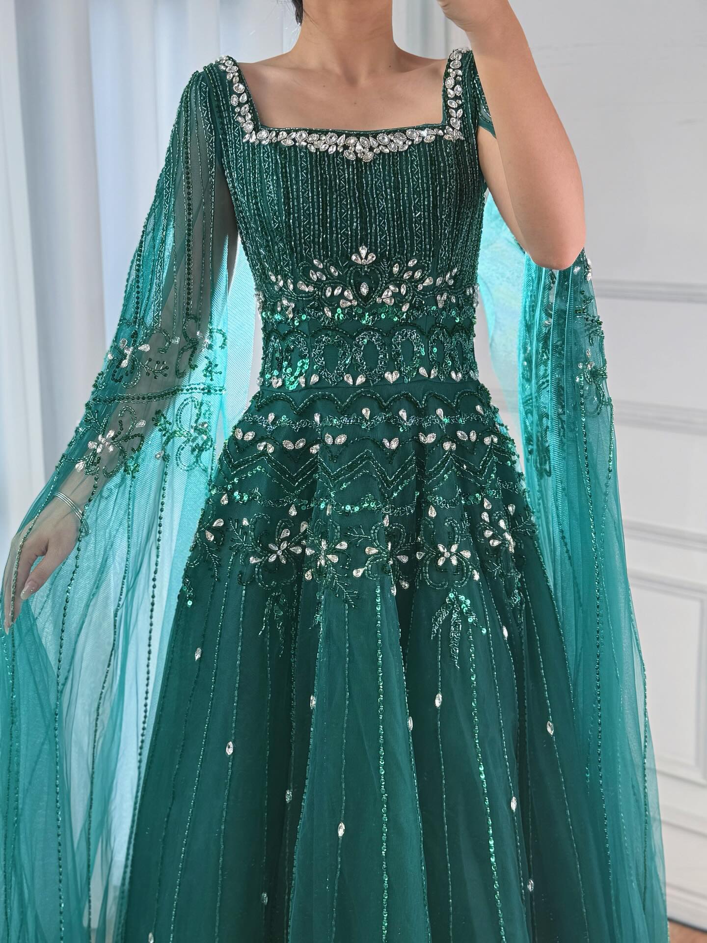 Arabic Luxury Beaded A-Line Square Green Cape Sleeves Evening Dress CLA73089A