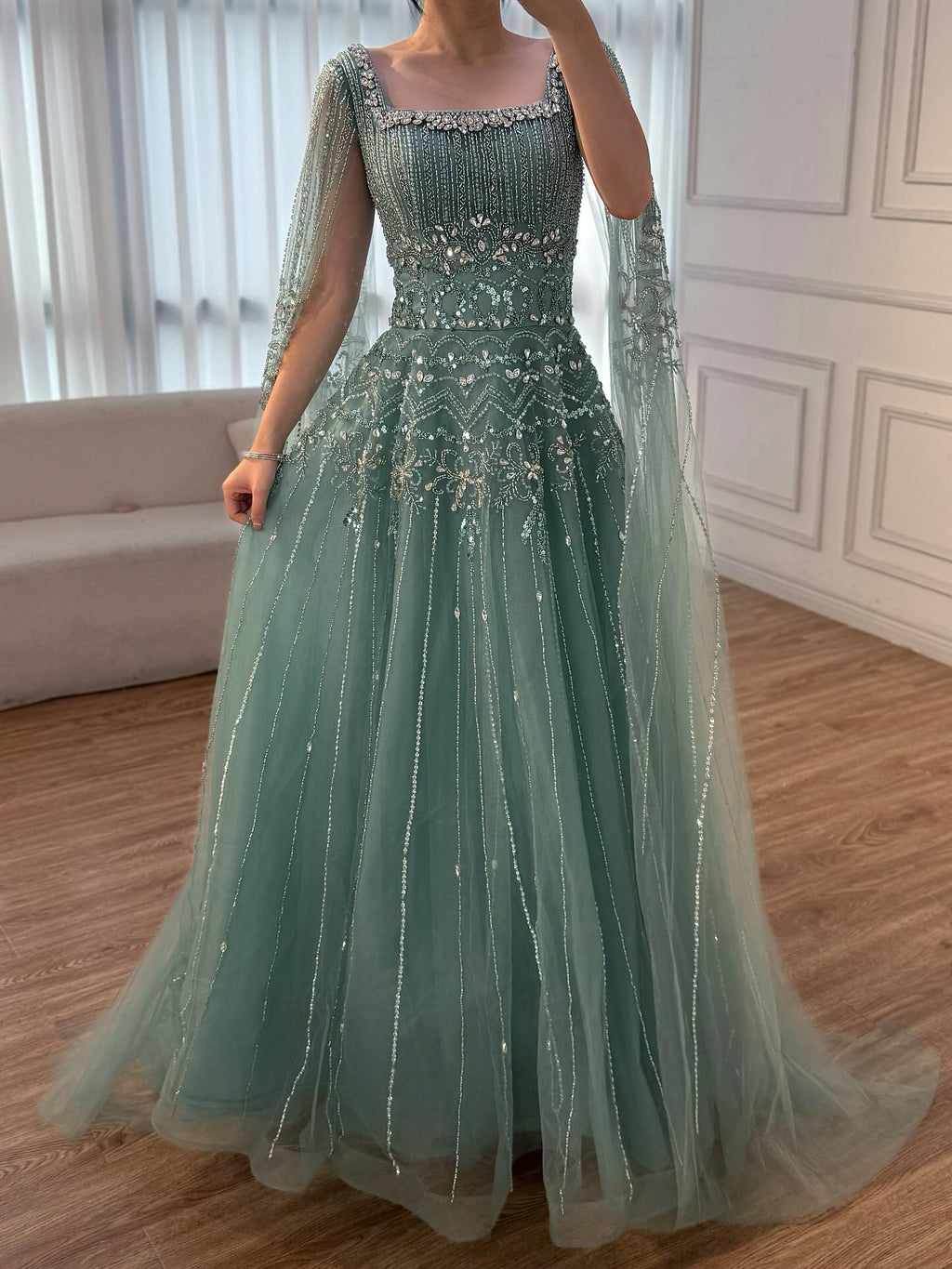 Arabic Luxury Beaded A-Line Square Green Cape Sleeves Evening Dress CLA73089A