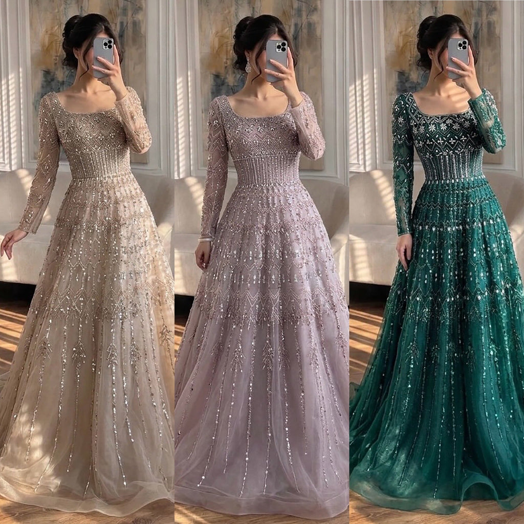Luxury Caramel Square Neck Beaded A Line Evening Dress with Long Sleeves CLA73089B