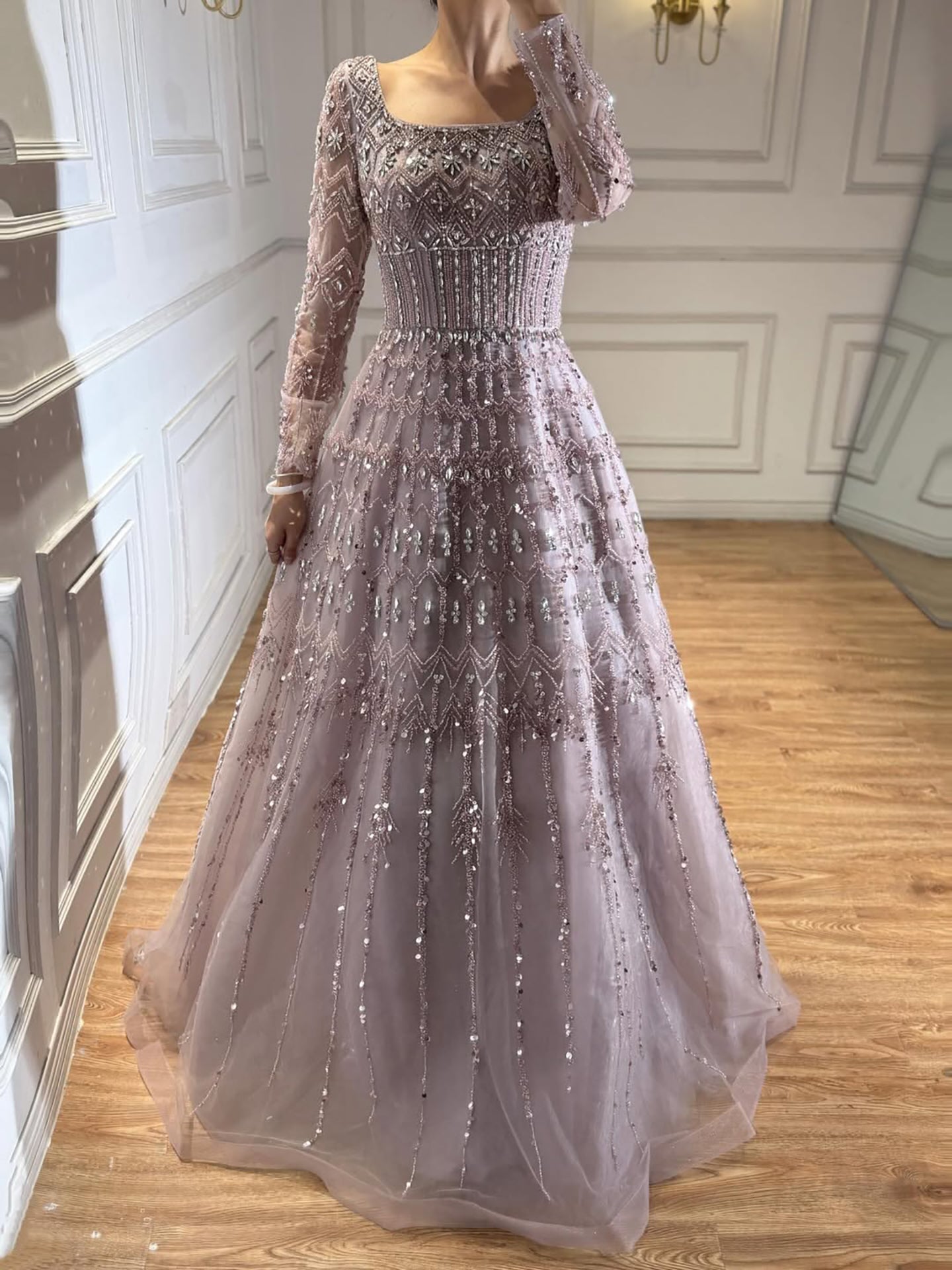Luxury Caramel Square Neck Beaded A Line Evening Dress with Long Sleeves CLA73089B