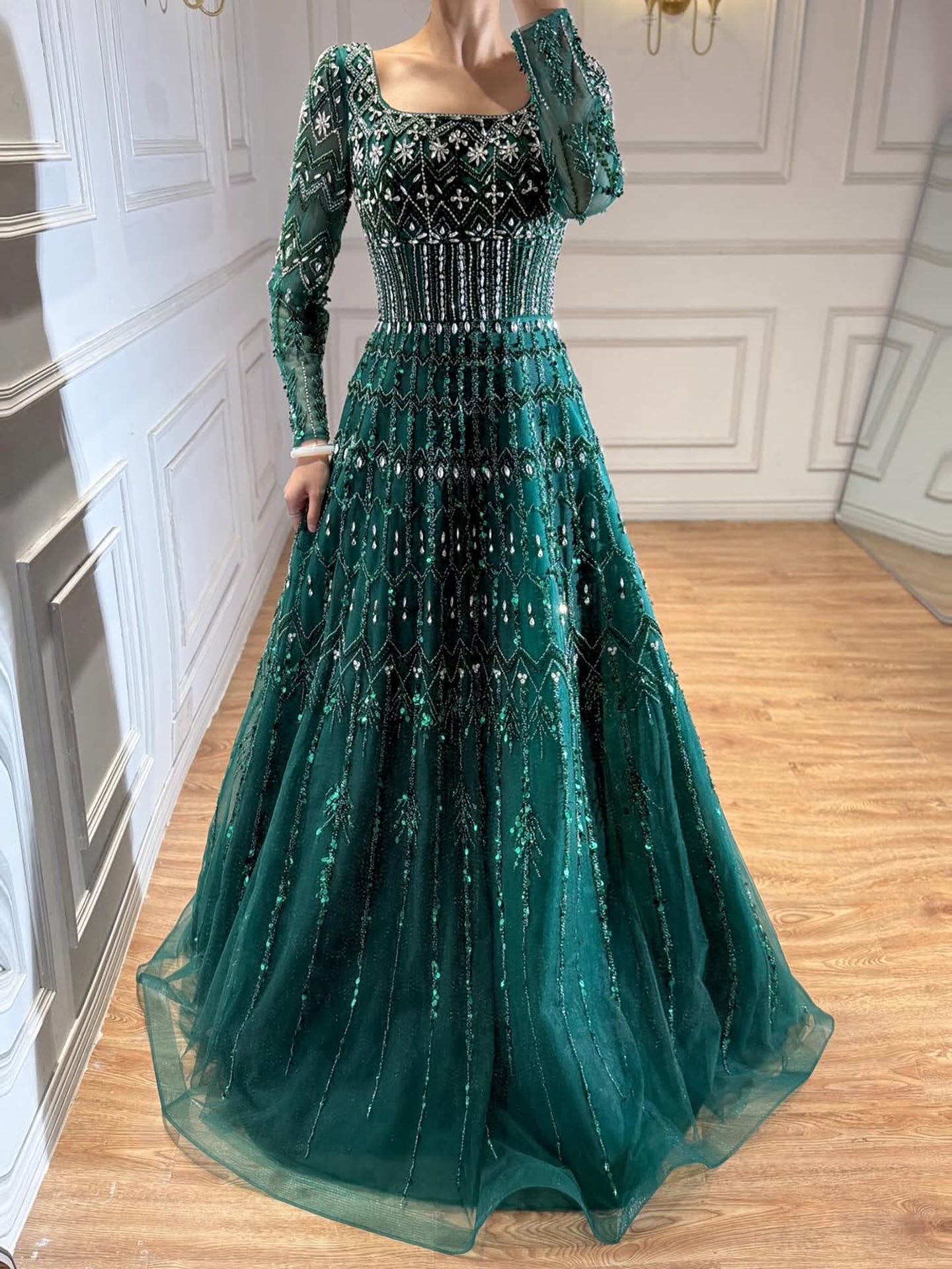 Luxury Caramel Square Neck Beaded A Line Evening Dress with Long Sleeves CLA73089B