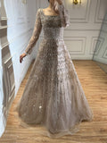 Luxury Caramel Square Neck Beaded A Line Evening Dress with Long Sleeves CLA73089B