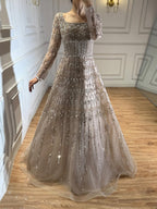 Luxury Caramel Square Neck Beaded A Line Evening Dress with Long Sleeves CLA73089B