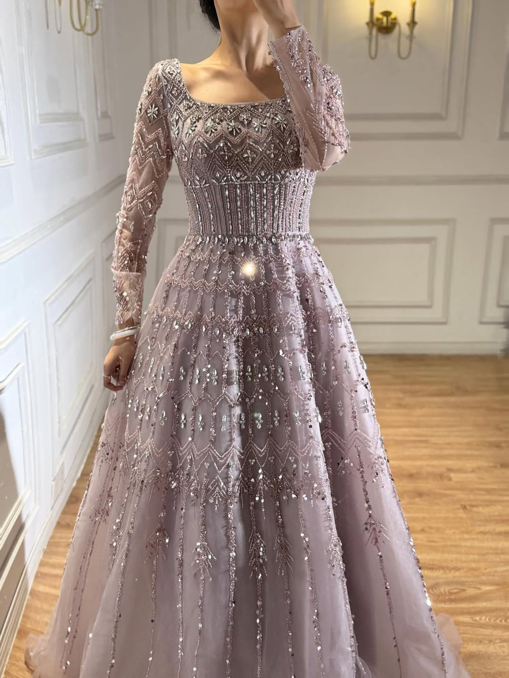 Luxury Caramel Square Neck Beaded A Line Evening Dress with Long Sleeves CLA73089B
