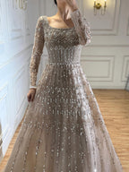 Luxury Caramel Square Neck Beaded A Line Evening Dress with Long Sleeves CLA73089B