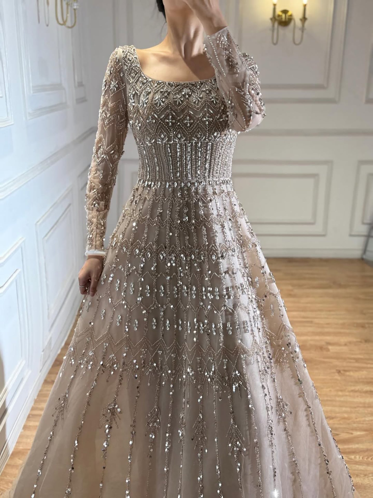 Luxury Caramel Square Neck Beaded A Line Evening Dress with Long Sleeves CLA73089B