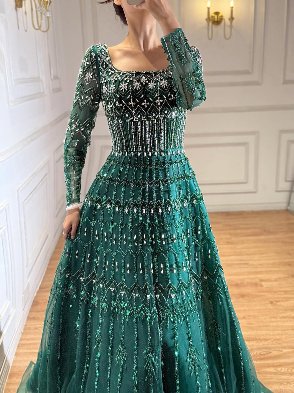 Luxury Caramel Square Neck Beaded A Line Evening Dress with Long Sleeves CLA73089B