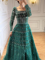 Luxury Caramel Square Neck Beaded A Line Evening Dress with Long Sleeves CLA73089B