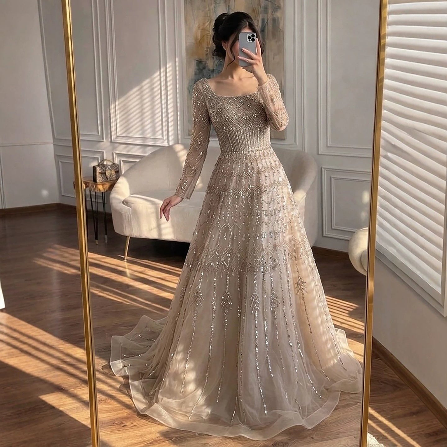 Luxury Caramel Square Neck Beaded A Line Evening Dress with Long Sleeves CLA73089B