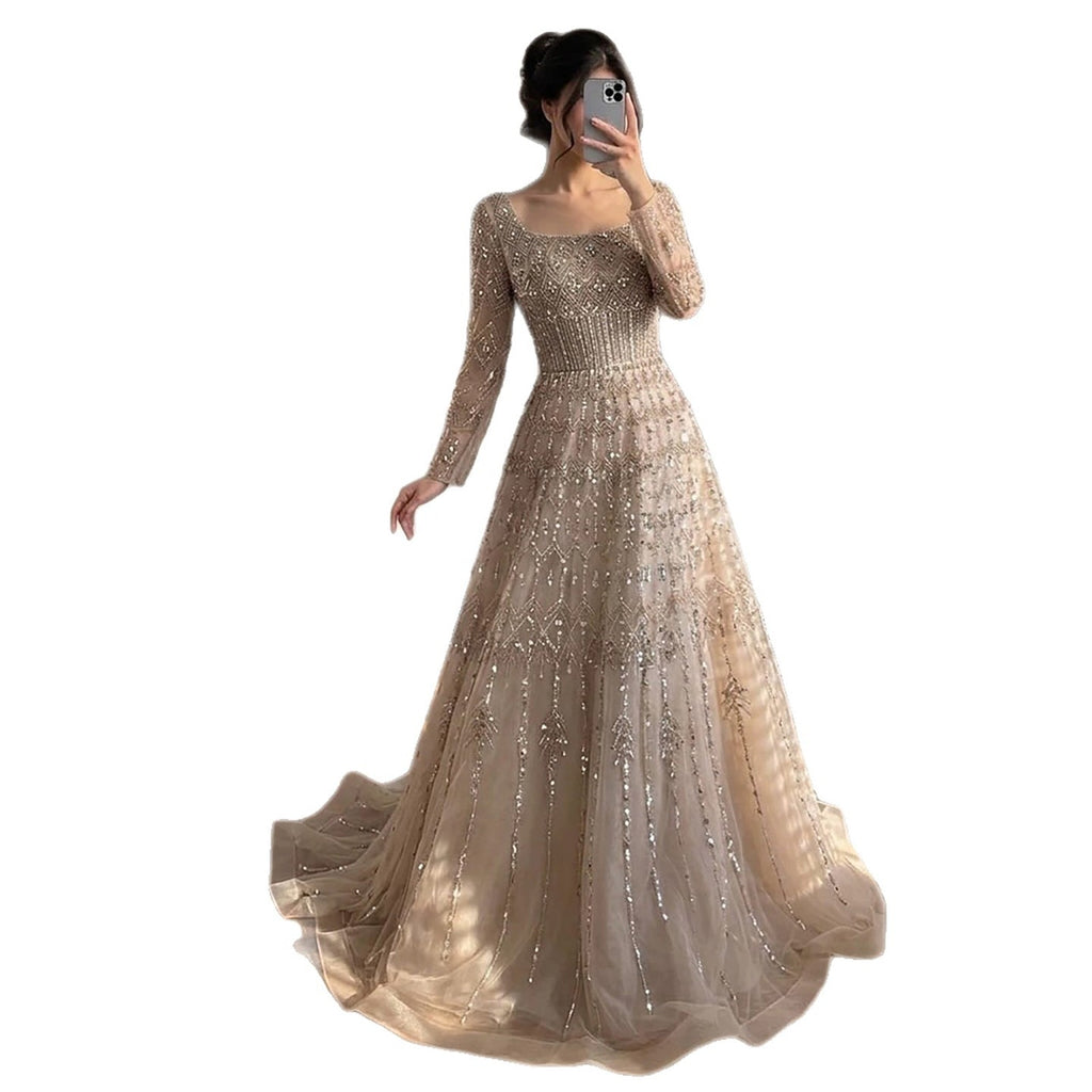 Luxury Caramel Square Neck Beaded A Line Evening Dress with Long Sleeves CLA73089B