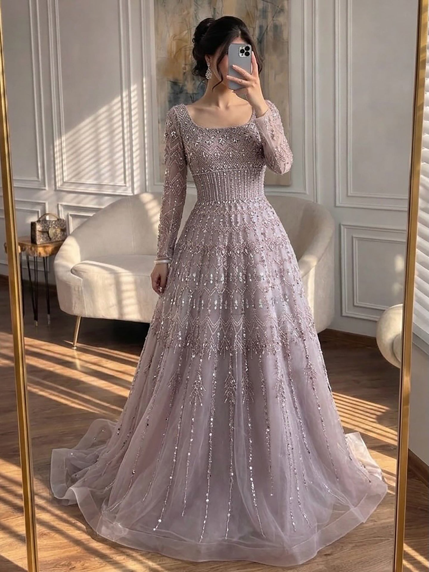 Luxury Caramel Square Neck Beaded A Line Evening Dress with Long Sleeves CLA73089B