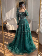 Luxury Caramel Square Neck Beaded A Line Evening Dress with Long Sleeves CLA73089B