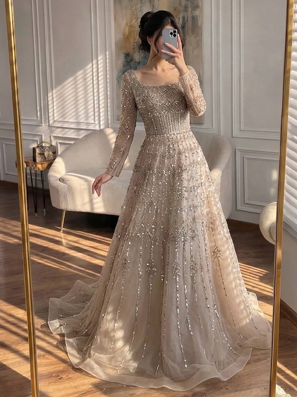 Luxury Caramel Square Neck Beaded A Line Evening Dress with Long Sleeves CLA73089B