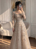 Luxury Caramel Square Neck Beaded A Line Evening Dress with Long Sleeves CLA73089B