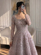 Luxury Caramel Square Neck Beaded A Line Evening Dress with Long Sleeves CLA73089B