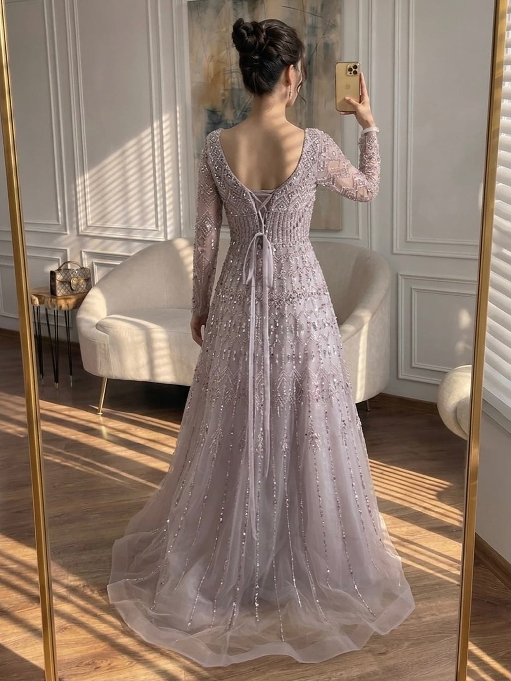Luxury Caramel Square Neck Beaded A Line Evening Dress with Long Sleeves CLA73089B