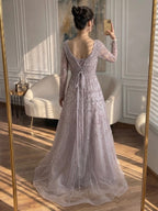 Luxury Caramel Square Neck Beaded A Line Evening Dress with Long Sleeves CLA73089B