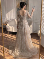 Luxury Caramel Square Neck Beaded A Line Evening Dress with Long Sleeves CLA73089B