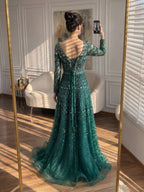 Luxury Caramel Square Neck Beaded A Line Evening Dress with Long Sleeves CLA73089B