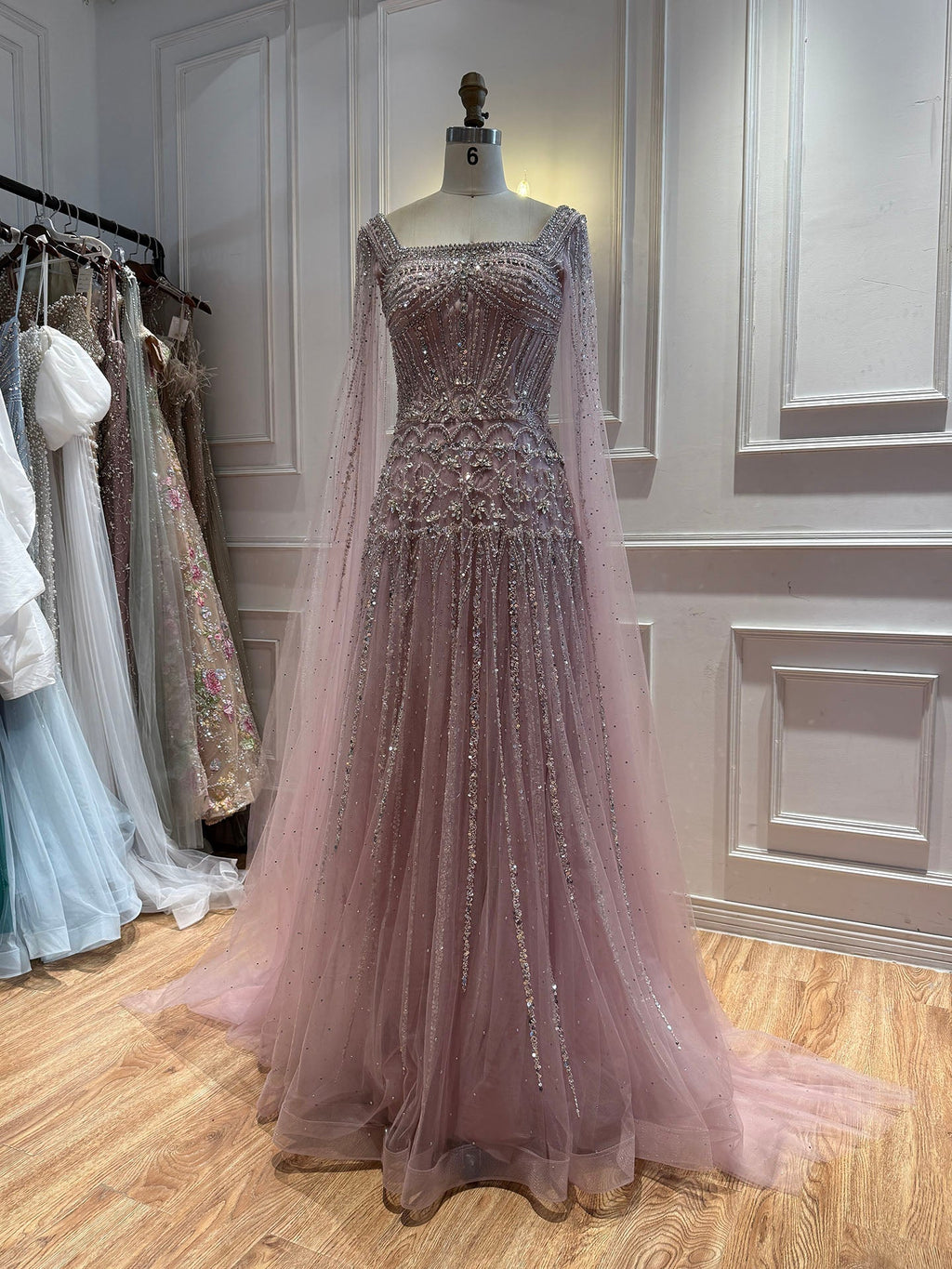 Luxury Pink Crystal Beaded Cape Sleeves A Line Evening Dress LA73089C