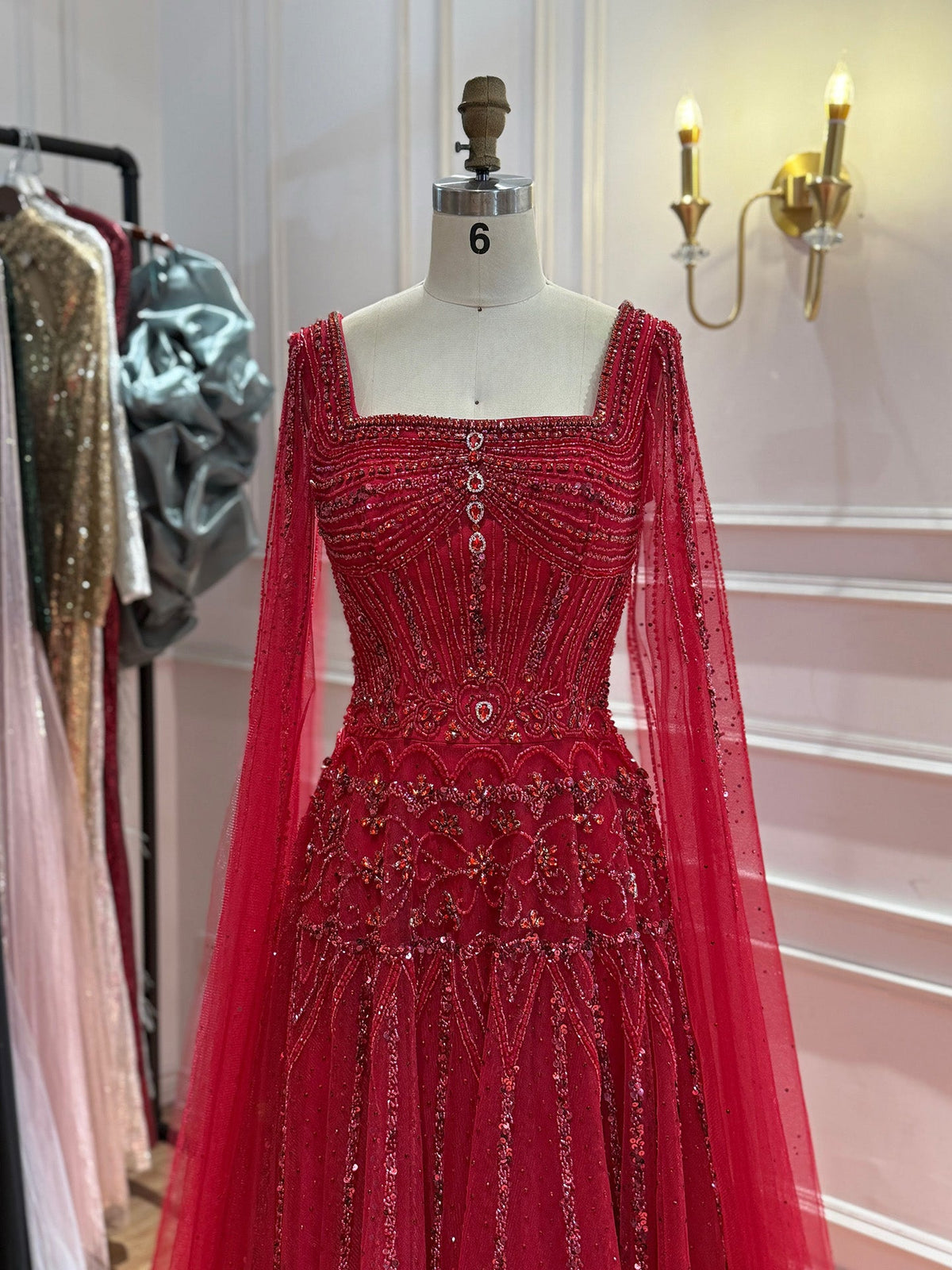 Luxury Pink Crystal Beaded Cape Sleeves A Line Evening Dress LA73089C