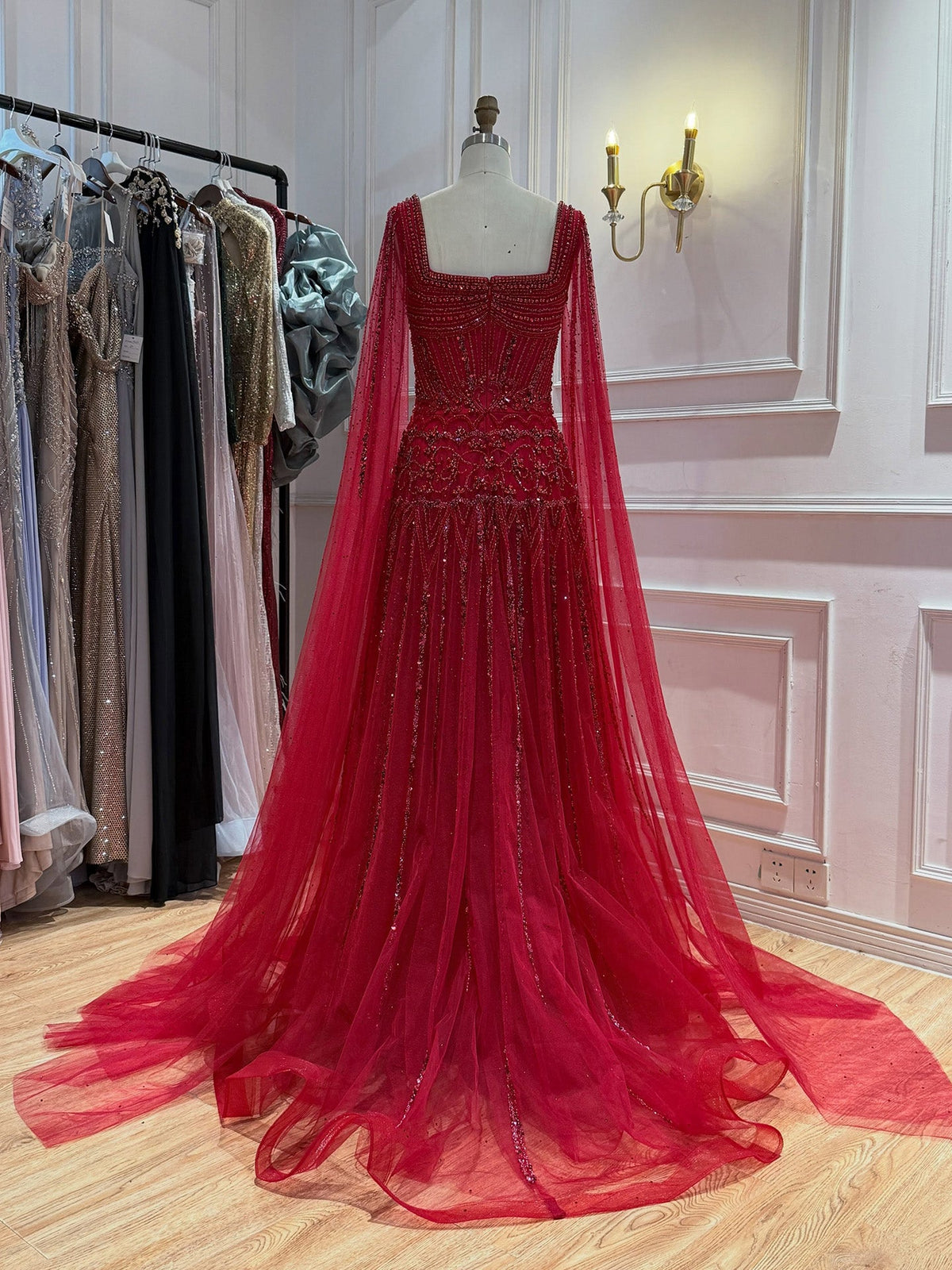 Luxury Pink Crystal Beaded Cape Sleeves A Line Evening Dress LA73089C