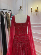 Luxury Pink Crystal Beaded Cape Sleeves A Line Evening Dress LA73089C