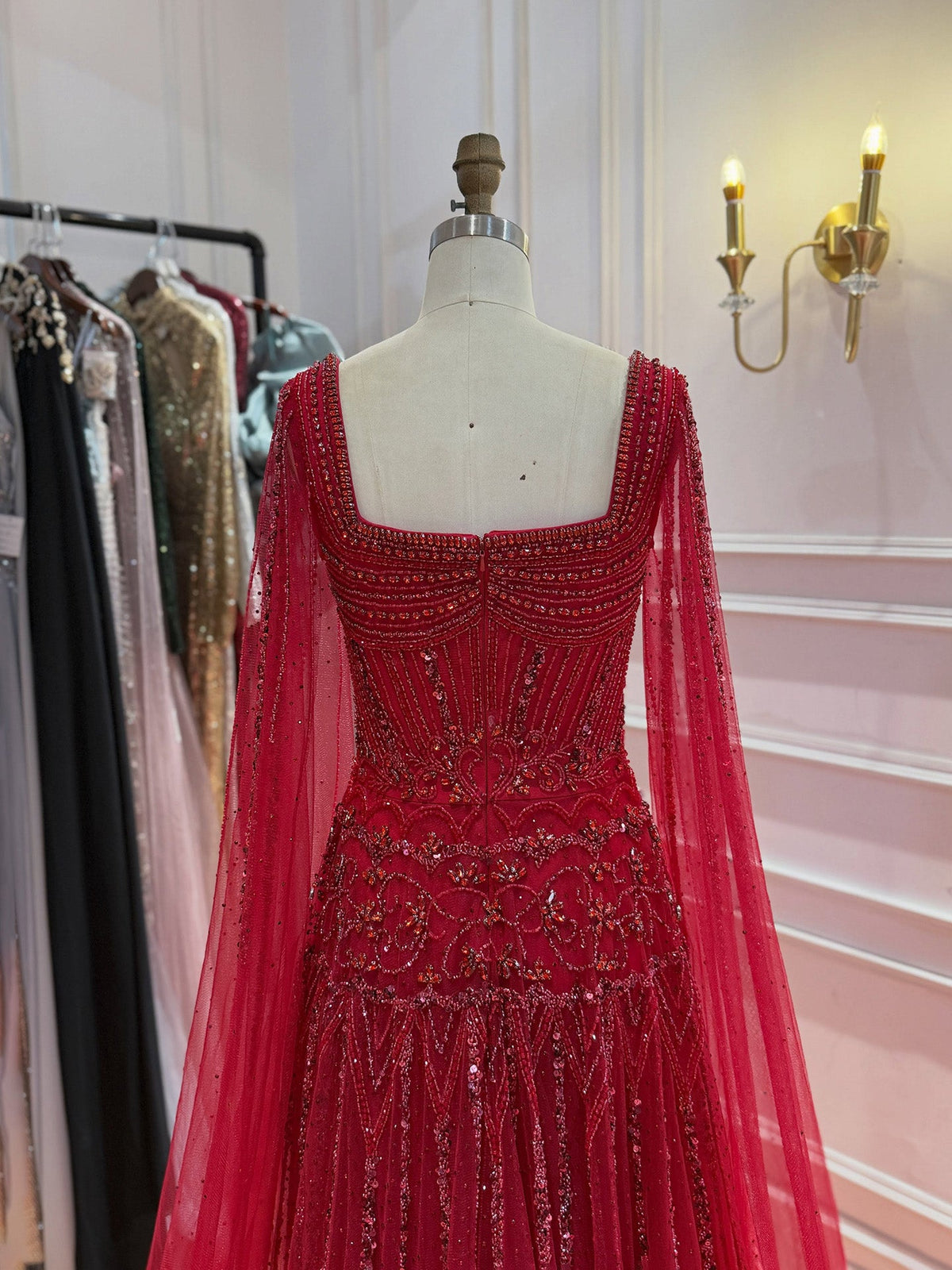 Luxury Pink Crystal Beaded Cape Sleeves A Line Evening Dress LA73089C