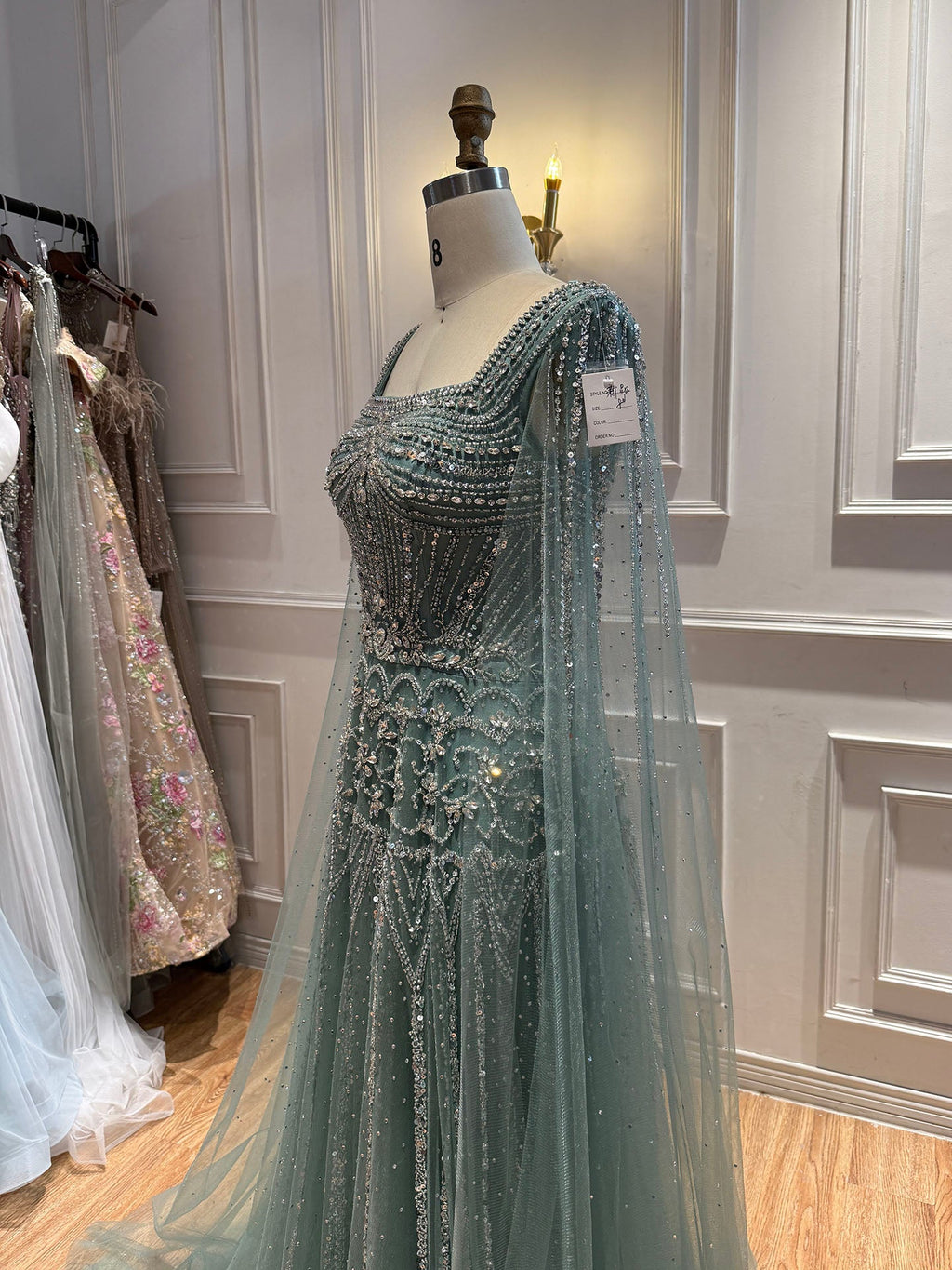 Luxury Pink Crystal Beaded Cape Sleeves A Line Evening Dress LA73089C