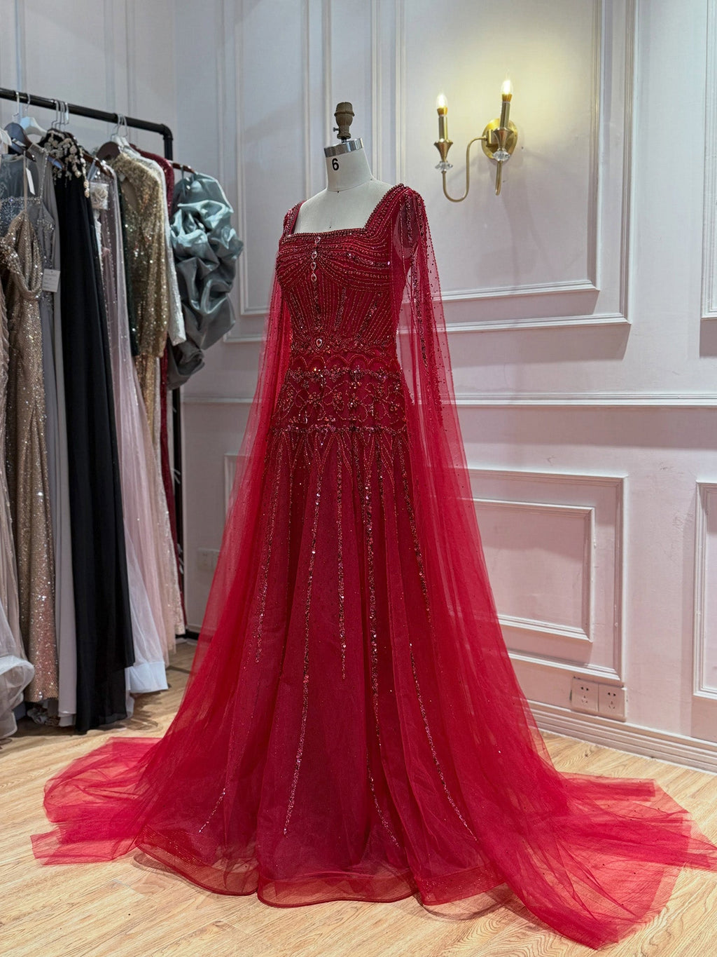 Luxury Pink Crystal Beaded Cape Sleeves A Line Evening Dress LA73089C