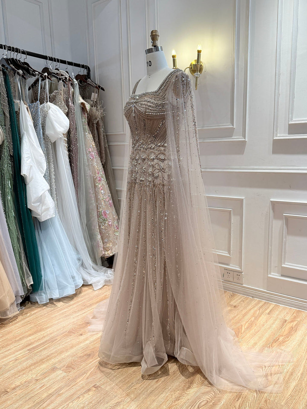 Luxury Pink Crystal Beaded Cape Sleeves A Line Evening Dress LA73089C