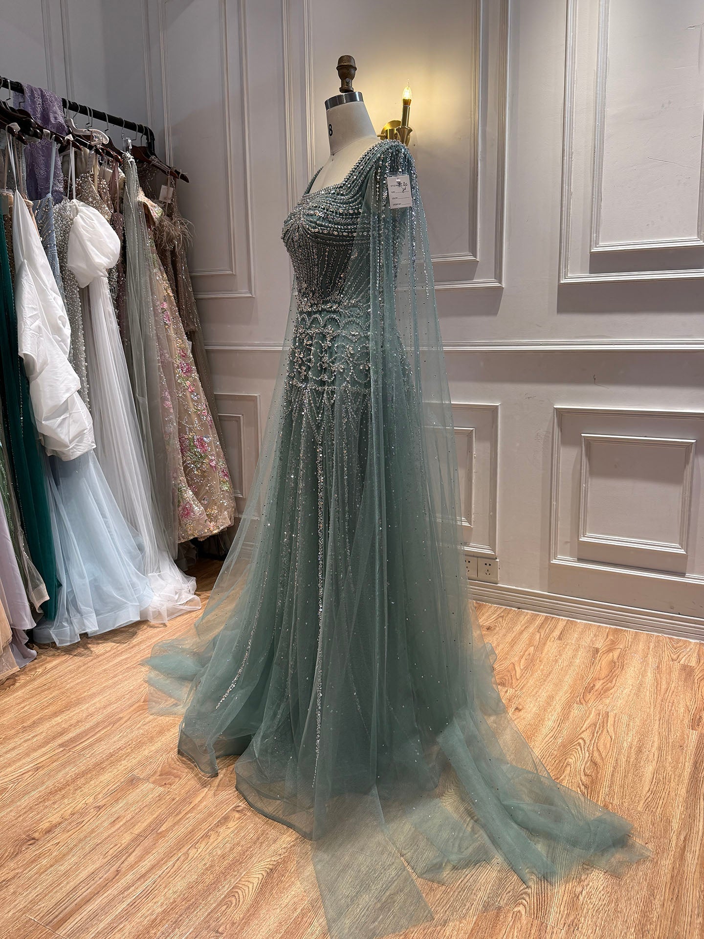 Luxury Pink Crystal Beaded Cape Sleeves A Line Evening Dress LA73089C