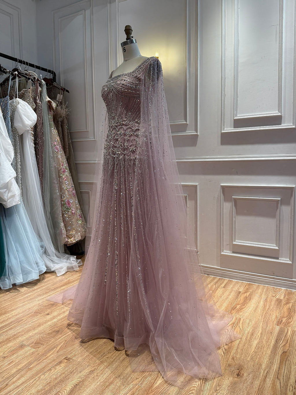 Luxury Pink Crystal Beaded Cape Sleeves A Line Evening Dress LA73089C