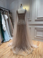 Luxury Pink Crystal Beaded Cape Sleeves A Line Evening Dress LA73089C