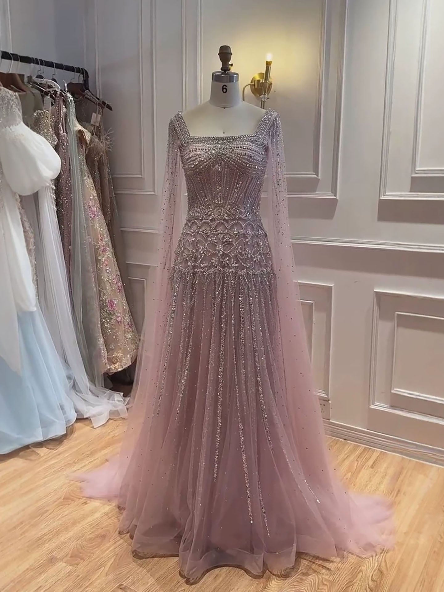 Luxury Pink Crystal Beaded Cape Sleeves A Line Evening Dress LA73089C