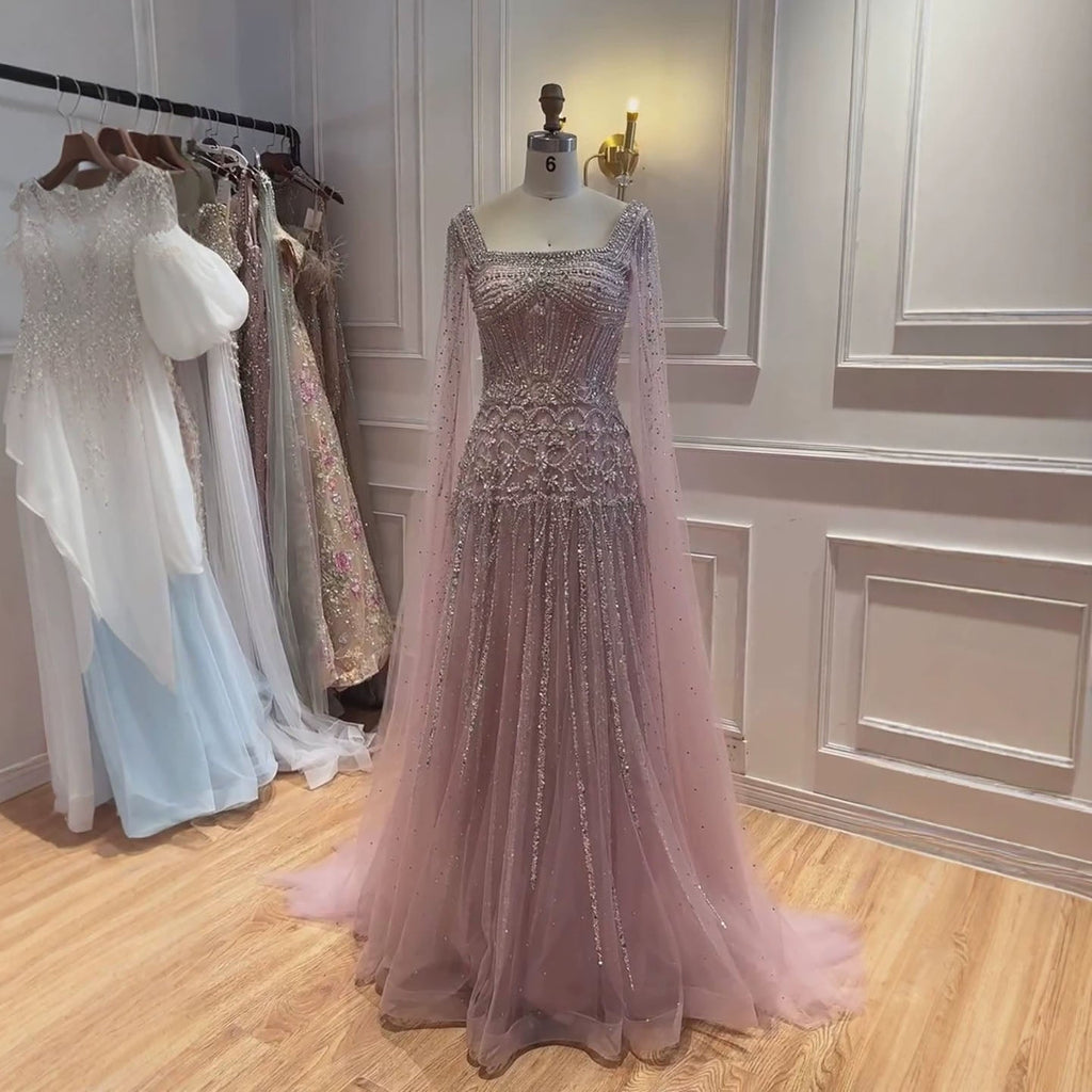 Luxury Pink Crystal Beaded Cape Sleeves A Line Evening Dress LA73089C