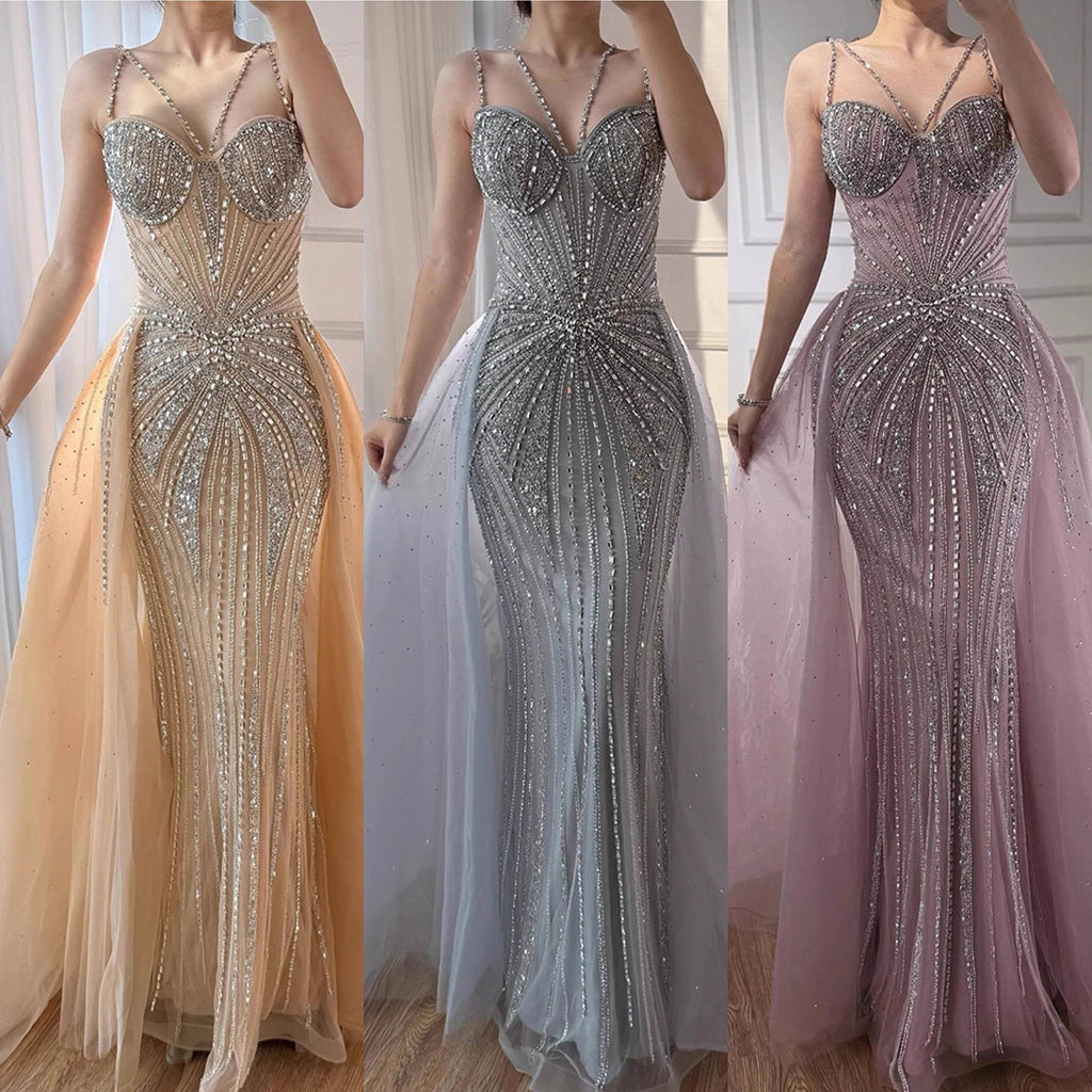 Luxury Nude Spaghetti Strap Mermaid Evening Dress with Overskirt Beaded CLA73090A