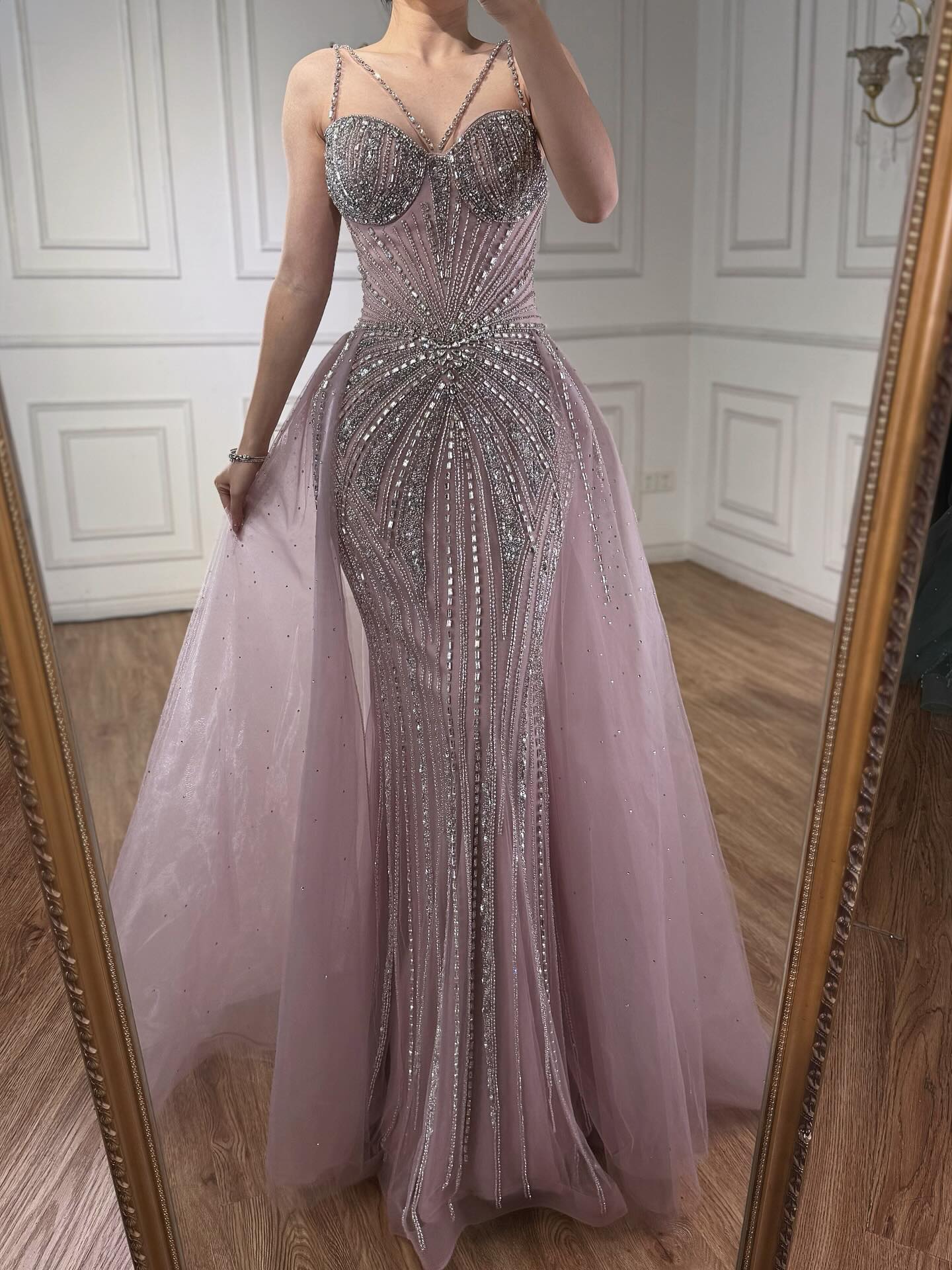 Luxury Nude Spaghetti Strap Mermaid Evening Dress with Overskirt Beaded CLA73090A
