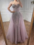 Luxury Nude Spaghetti Strap Mermaid Evening Dress with Overskirt Beaded CLA73090A